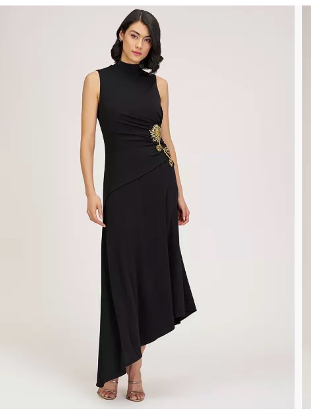 JS Collections Black Asymmetrical Evening Gown with Gold Floral Brooch